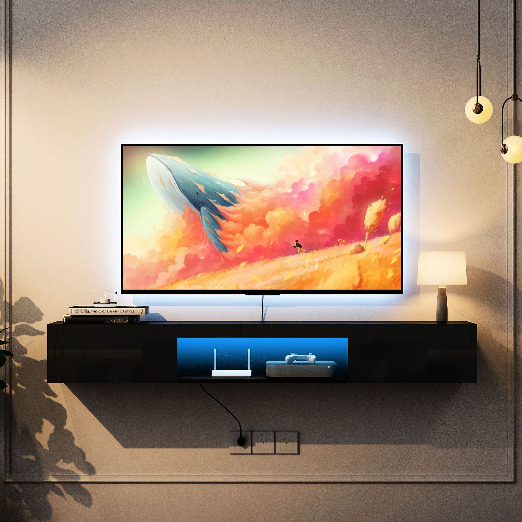 Wall - Mounted Floating TV Stand with UV High - Gloss Doors and 16