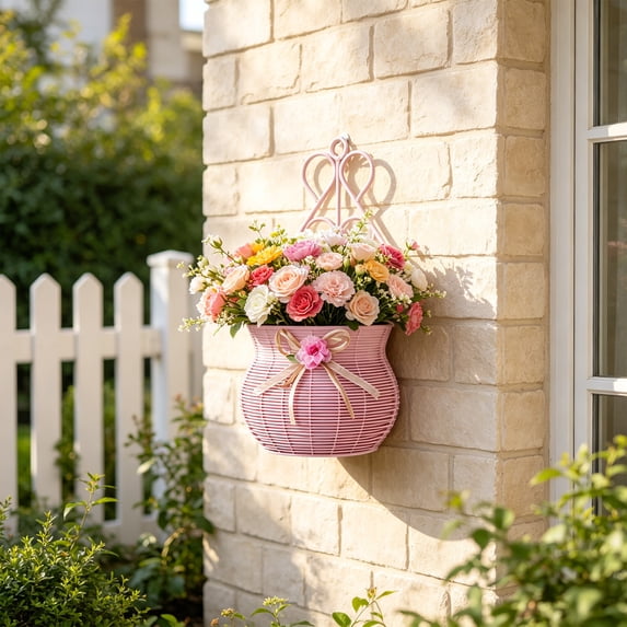 Wall Mounted Flower Basket Planter Decorative Hanging Vase Rattan Style No Drill Home Decor Flower Holder Storage Organizer for Living Room Garden Patio Balcony Indoor Outdoor Use