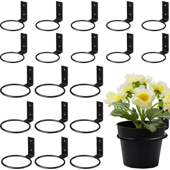 Wall Mounted Flower Pot Ring Holder, Heavy Duty Black Metal Plant Hanger Bracket for Indoor and Outdoor Use, Decorative Garden Pot Support Hook D#014 Black