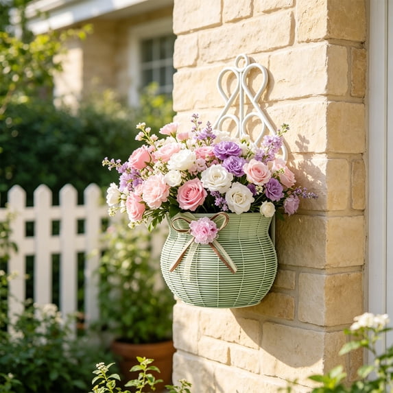 Wall Mounted Flower Vase Basket Rattan Look Planter, Waterproof No Drilling Lightweight Easy Clean Decor, for Living Room Patio Balcony Home Wall Decoration