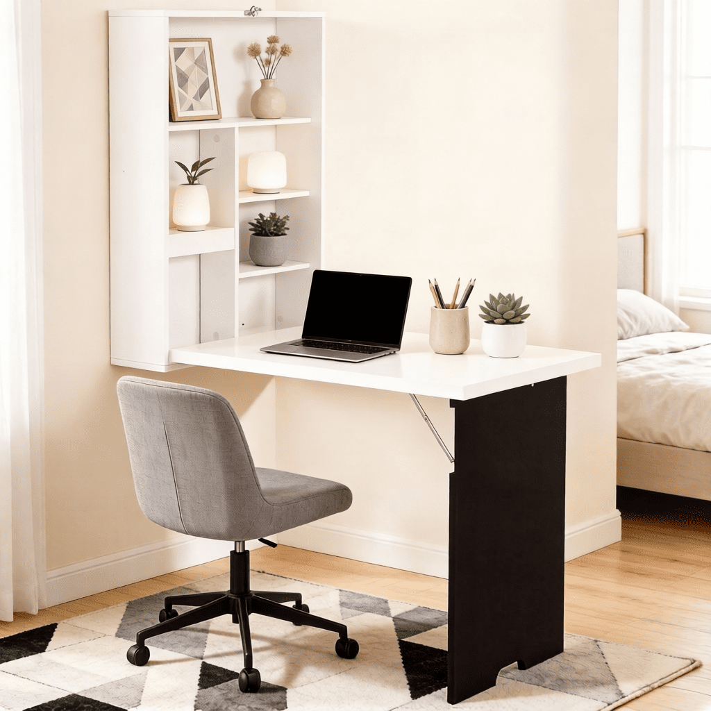 Wall Mounted Foldable Convertible Desk with Side Blackboard, P2 MDF Space Saving Floating Writing Computer Table with Multi Storage Shelves for Small Room