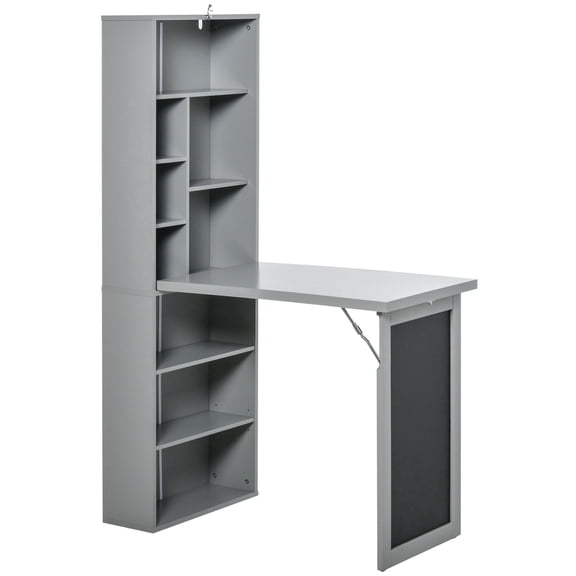 Wall Mounted Foldable Desk With Blackboard Side Shelf Multi Function Computer Office Workstation Gray