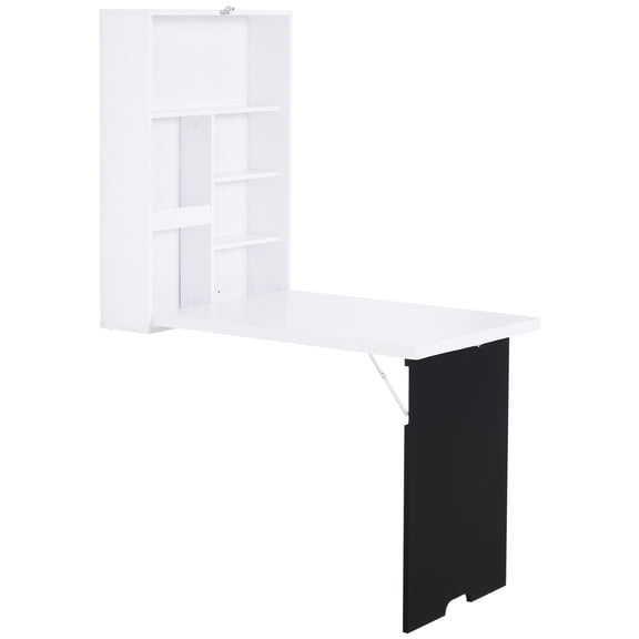 Wall Mounted Foldable Desk with Blackboard, Fold-Out Floating Computer Desk with Storage Shelves, Engineered Wood, White