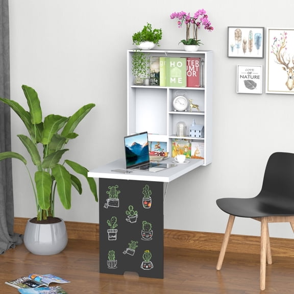 Wall Mounted Foldable Desk with Storage Compartments, Fold Down Desk Table with Chalkboard, Computer Desk for Living Room Bedroom, White