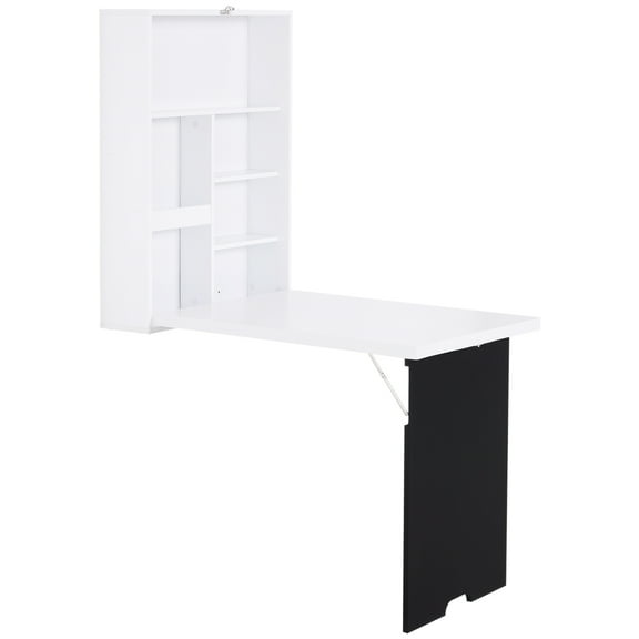 Wall Mounted Foldable Desk with a Blackboard, Space-Saving Convertible Floating Desk with Shelves, White