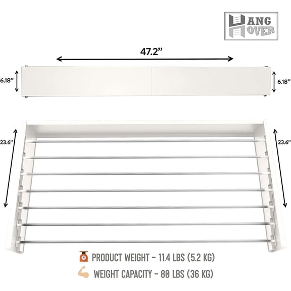 Wall Mounted Foldable Drying Rack 47" Elegant Matte Invisible Hanger | Folding Stainless Steel Collapsible Space Saver with 27.5 Feet Drying Capacity (X-Large, White)