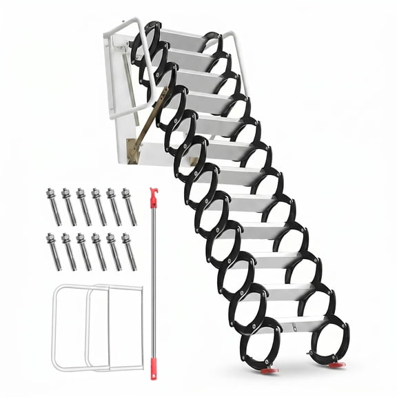 Wall Mounted Foldable Storage Room Staircase, Titanium Magnesium Alloy 12 Step Black White Splicing Ladder, 23.6x27.5x118in 1102lbs Load Capacity Anti Slip Attic Telescopic Ladder for Garage Loft