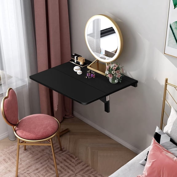 Wall Mounted Folding Desk, Drop-Leaf Work Table with Thick Board & Solid Wood Support, Space-Saving Hanging Desk for Balcony, Bathroom, Kitchen, Easy Assembly (Black)