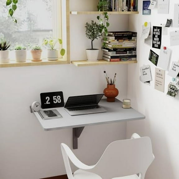Wall Mounted Folding Desk, Fold Down Drop Leaf Table, Wood Laundry Floating Desk, Foldable Computer Table Wall Mount for Small Spaces, Study, Kitchen (Gray)