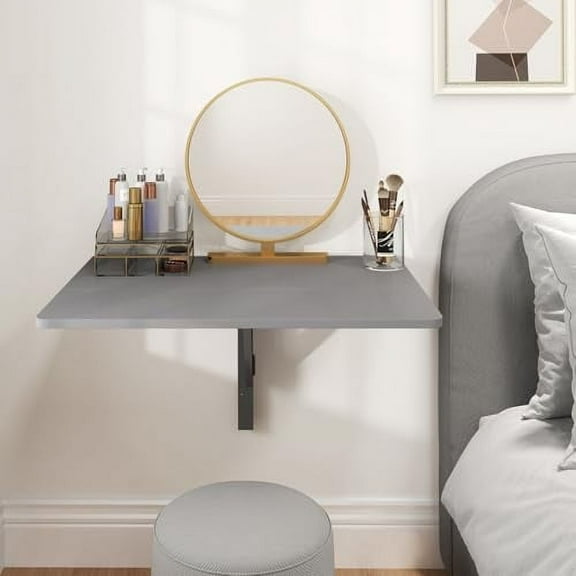 Wall Mounted Folding Desk, Fold Down Drop Leaf Table, Wood Laundry Floating Desk, Foldable Computer Table Wall Mount for Small Spaces, Study, Kitchen (Gray)