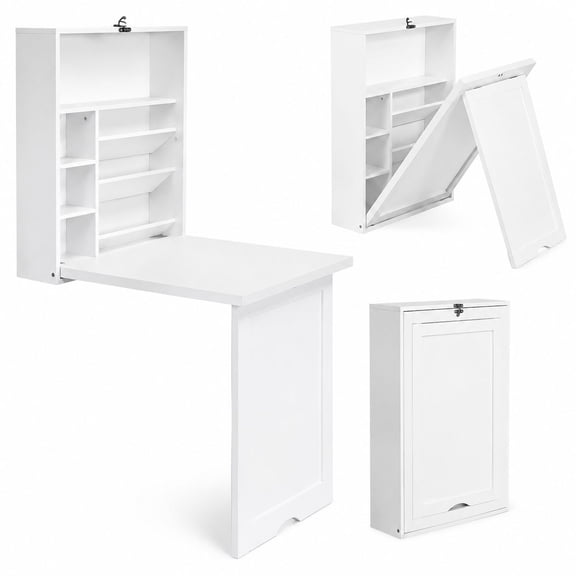 Wall Mounted Folding Desk, Fold Out Floating Desk with Storage Shelves, Compact Drop Leaf Table, Murphy Style Desk for Crafting, Studying, Small Spaces, Home Office, Dorm Room, White