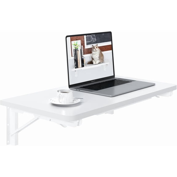 Wall Mounted Folding Desk for Small Spaces, White Floating Shelf | Heavy-duty Brackets, Space-saving Design, Use as Home Office Desk, Drop Leaf Dining Table, Laundry Shelf, or Balcony Table