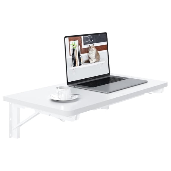 Wall Mounted Folding Desk, White Floating Shelf, 23.6 x 15.7 Inch Steel Frame Workstation, Collapsible Wall Shelf for Small Office, Bedroom, Kitchen Counter, RV, and Balcony Storage