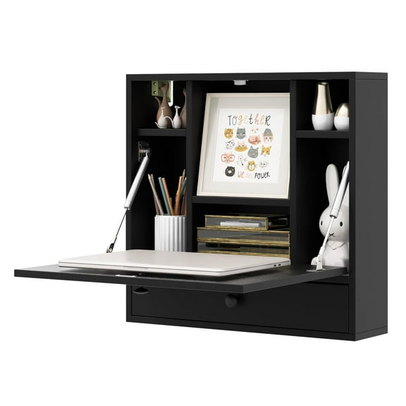 Wall Mounted Folding Laptop Desk, Wooden Floating Desk with Storage, Compact Fold Down Desk for Small Spaces and Corners, Black