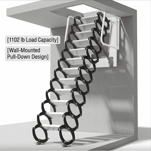 Wall Mounted Folding Pull Down Attic Ladder With Armrests, 11FT Ti-Mg Alloy Attic Stairs With 12 Steps, 1102 LBS Load Capacity For Storage Rooms Warehouses Atti