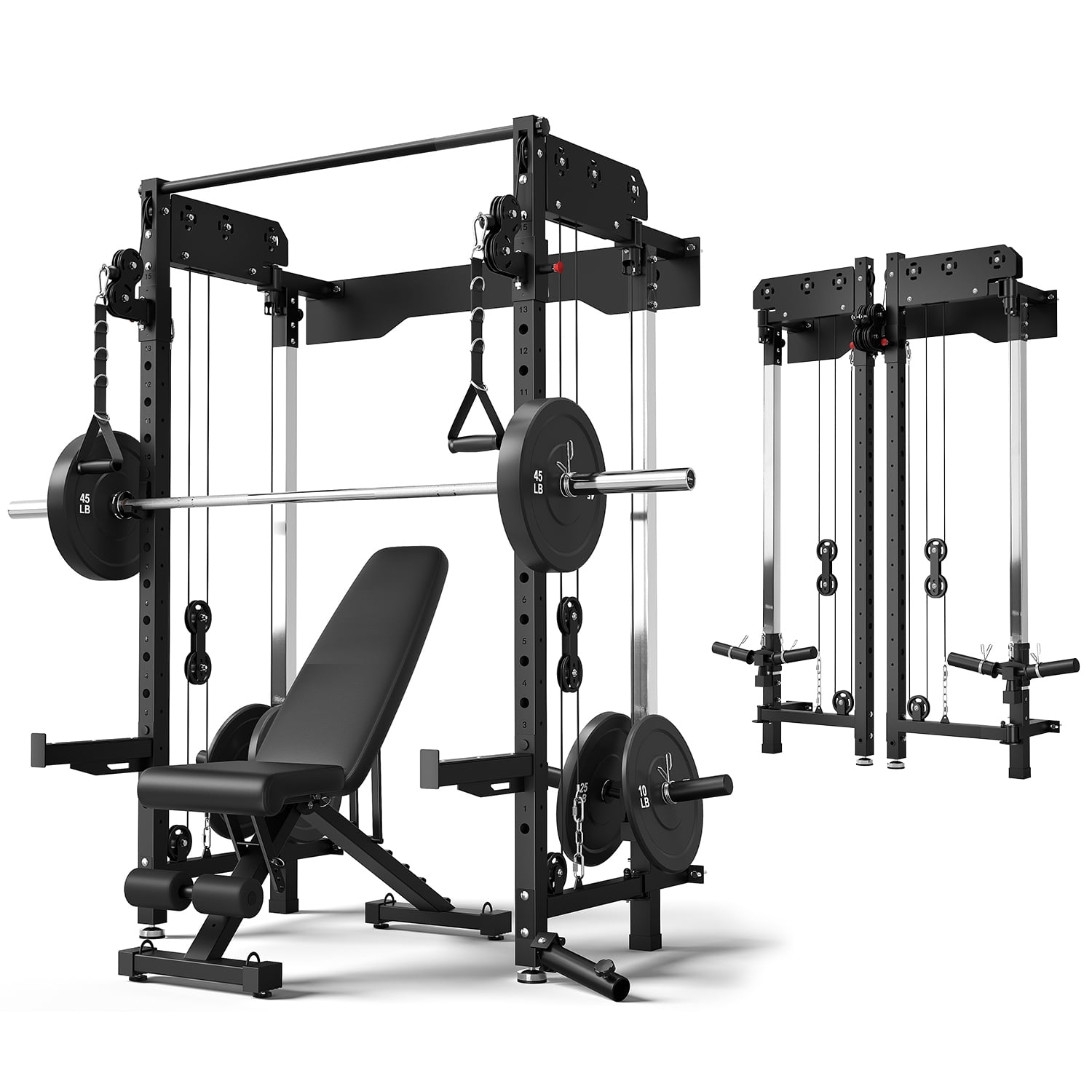 Wall Mounted Folding Squat Rack,1200 LBS Power Rack with Dual Independent Pulley System, 5 Adjustable Modes, Functional Trainer for Space Saving Home Gym with 1000 LB Weight Bench and Barbell ,Black