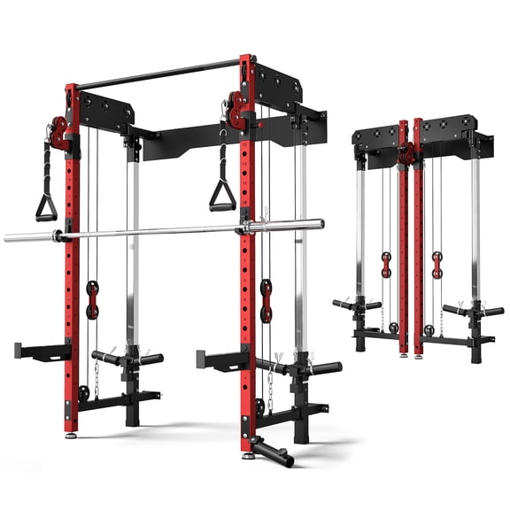 Wall Mounted Folding Squat Rack,1200 LBS Power Rack with Dual Independent Pulley System, 5 Adjustable Modes, Functional Trainer for Space Saving Home Gym with 1000 LB Barbell ,Red