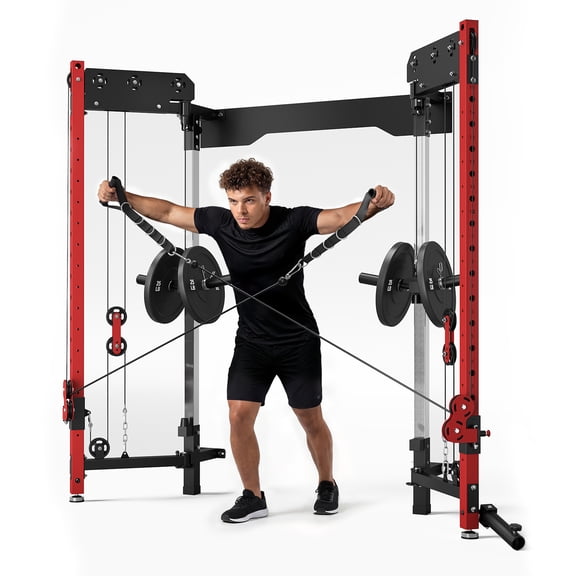 Wall Mounted Folding Squat Rack,1200 LBS Power Rack with Dual Independent Pulley System, 5 Adjustable Modes, Functional Trainer for Space Saving Home Gym with 1000 LB Weight Bench and Barbell ,Red