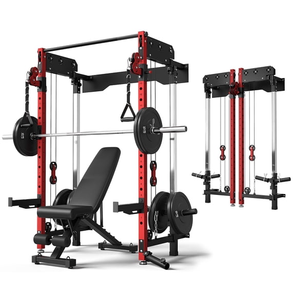 Foldable Power Rack Cage,1200 LBSWall Mounted Squat Rack, 5 Adjustable Modes, Functional Trainer for Space Saving Home Gym with 1000 LB Weight Bench and Barbell ,Red
