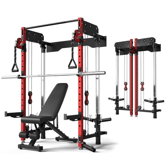 Wall Mounted Folding Squat Rack,1200 LBS Power Rack with Dual Independent Pulley System, 5 Adjustable Modes, Functional Trainer for Space Saving Home Gym with 1000 LB Weight Bench and Barbell ,Red
