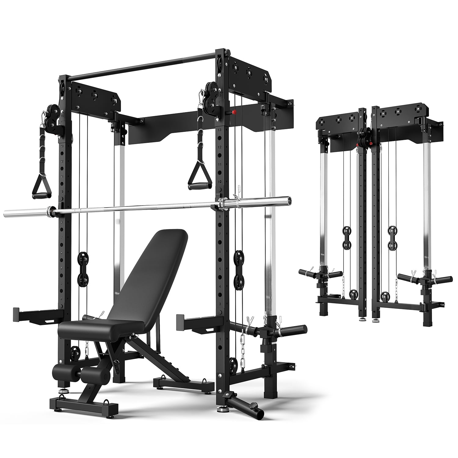Wall Mounted Folding Squat Rack,1200 LBS Power Rack with Dual Independent Pulley System, 5 Adjustable Modes, Functional Trainer for Space Saving Home Gym with 1000 LB Weight Bench and Barbell ,Black