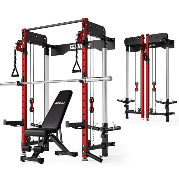 Wall Mounted Folding Squat Rack,1200 LBS Power Rack with Dual Independent Pulley System, 5 Adjustable Modes, Functional Trainer for Space Saving Home Gym with 1000 LB Weight Bench and Barbell ,Red