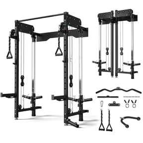 MITONOS Wall Mounted Folding Squat Rack,1200 LBS Power Rack with Dual Independent Pulley System, 5 Adjustable Modes, Functional Trainer for Space Saving Home Gym,Black