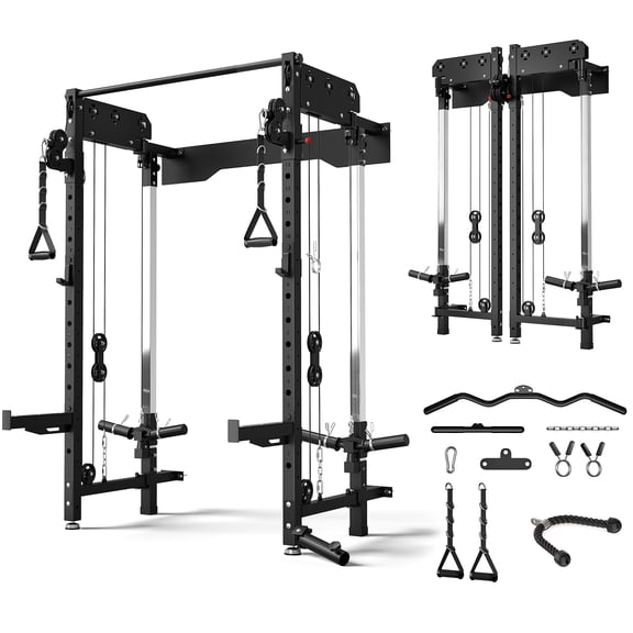 MITONOS Wall Mounted Folding Squat Rack,1200 LBS Power Rack with Dual Independent Pulley System, 5 Adjustable Modes, Functional Trainer for Space Saving Home Gym,Black