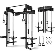 MITONOS Wall Mounted Folding Squat Rack,1200lbs Power Rack with Dual Independent Pulley System, 5 Adjustable Modes, Functional Trainer for Space Saving Home Gym