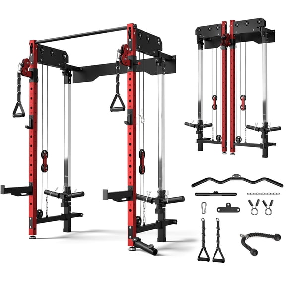 MITONOS Wall Mounted Folding Squat Rack,Power Rack with Dual Independent Pulley System, 5 Adjustable Modes, Functional Trainer for Space Saving Home Gym