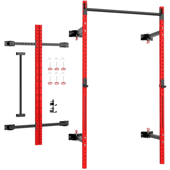 Wall Mounted Folding Squat Rack with Pull Up Bar, 1000 lbs Capacity Power Rack, Space Saving Home Gym Equipment, Red