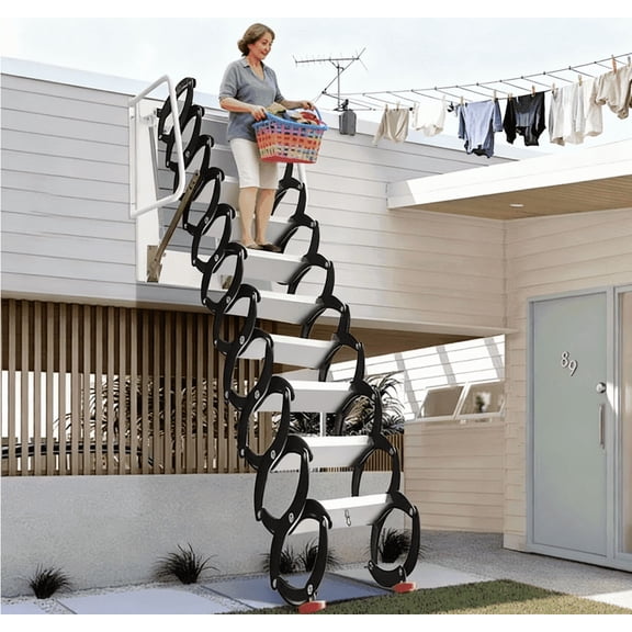 Wall-Mounted Folding Stairs, 12 Steps, 3.2m Folding Loft Staircase with Handrails, Telescoping Attic Ladder with Pull Down System, Retractable Loft Ladder, Up to 1300lbs, for Indoor Outdoor