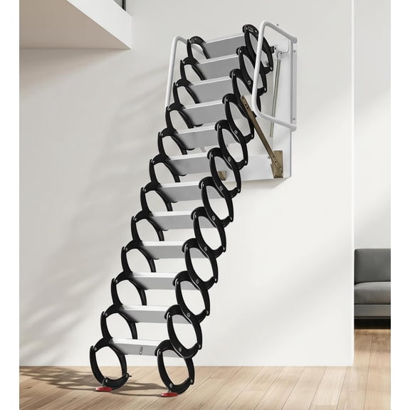 Wall-Mounted Folding Stairs 12 Steps, Retractable Loft Ladder with Handrails and Pull Down System, Heavy Duty Attic Stairs for Garage Storage Room Warehouse