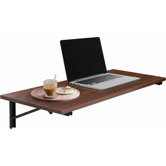 Wall Mounted Folding Table - 16x40 Wood Floating Desk for Wall, Laundry Folding Table - 1.5 inch Fold Down Wall Desk for Small Spaces with Heavy Duty Foldable Workbench Brackets - Mahogany