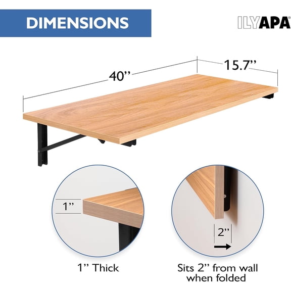 Wall Mounted Folding Table - 16x40 Wood Floating Desk for Wall, Laundry Folding Table - 1.5 inch Fold Down Wall Desk for Small Spaces, White Oak