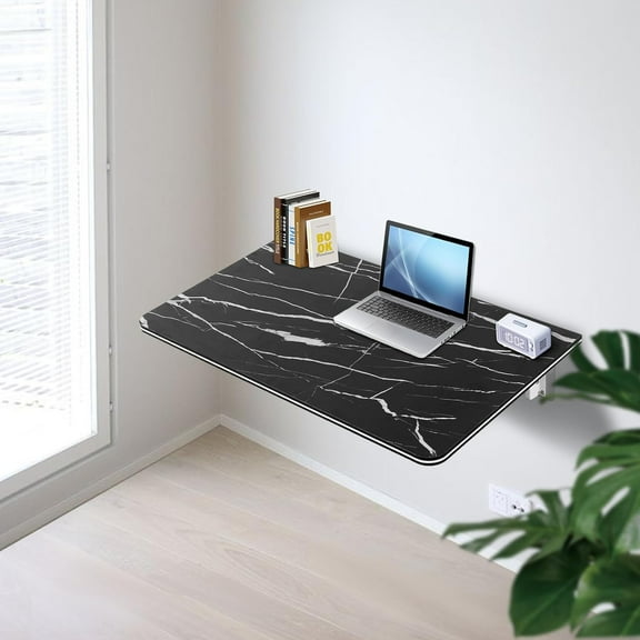 Wall Mounted Folding Table, 27.56'' x 15.75'' Folding Table 176 lbs Load Capacity Floating Desk with Trestle Mutifuctional Hanging Desk for Small Space Wooden Desk for Office Home Kitchen (Black)