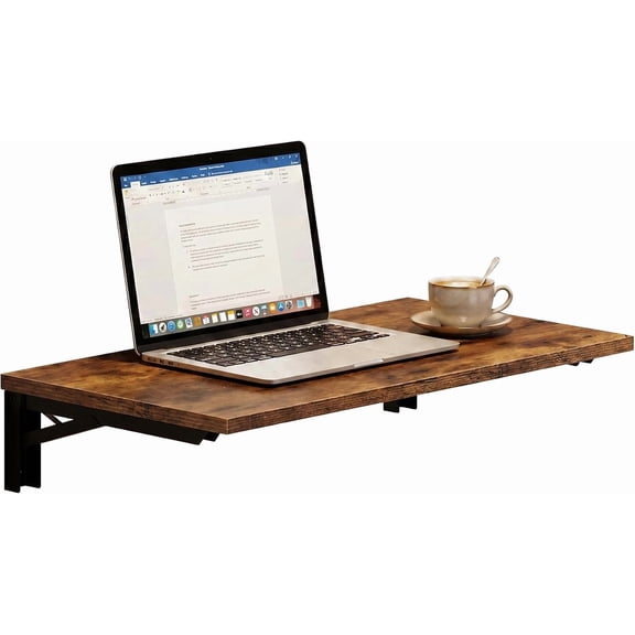 Wall Mounted Folding Table 30 Inch by 20 Inch Rustic Brown Desktop with Black Brackets