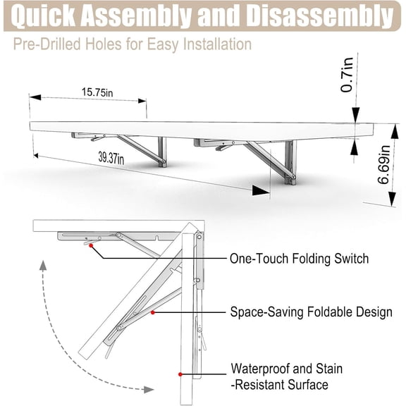 Wall Mounted Folding Table 40"x 16" with Removable Heavy-Duty  Support Up to 200 Pounds Folding Desk for Small Space Home Laundry Room Office Rv Suitable for Solid Wall (Black Marble Pattern)