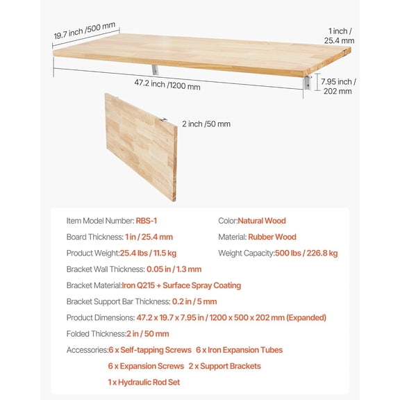 Wall Mounted Folding Table, 47.2 x 19.7 inches Floating Desk with Iron Bracket for Home Office and Kitchen
