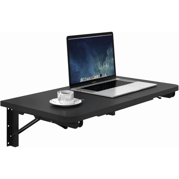 Wall Mounted Folding Table, Black Floating Desk for Small Spaces, Drop Leaf Dining Table for Kitchen Fold Down Laundry Shelf with Heavy-Duty Brackets