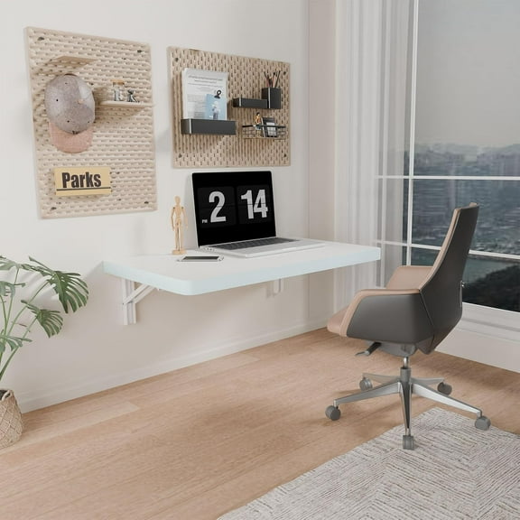 Wall Mounted Folding Table with Pine Wood,24" x 14" Floating Wall Desk,Laundry Folding Table with Shelf Bracket,Fold Down Desk Shelf,Folding Workbench for Home,Dining, Laundry Room,Kitchen,White
