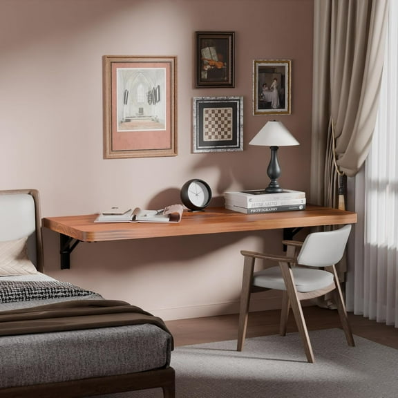 Wall Mounted Folding Table with Pine Wood,Floating Wall Desk,Laundry Folding Table with Shelf Brackets,Fold Down Desk Shelf,Folding Workbench for Home,Dining,Laundry Room,Kitchen,36" x 14",Teak