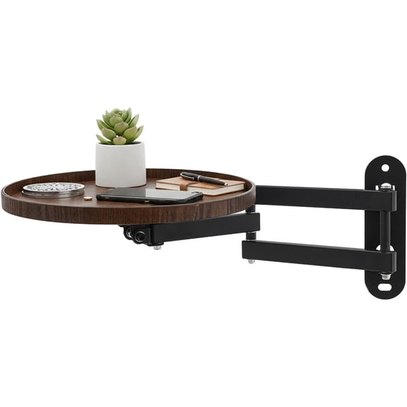 Wall Mounted Folding Table, Round Foldable Wall Desk with Retractable Shelf, Walnut Finish