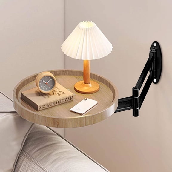 Wall Mounted Folding Table Round Foldable Wall Desk with Retractable Shelf, Wood-Finish, for Bedroom, Living Room or Study