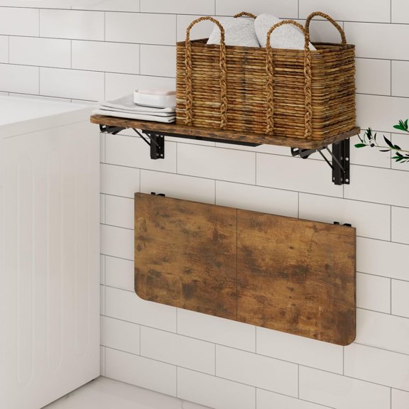Wall Mounted Folding Table, Rustic Brown Floating Desk for Small Spaces
