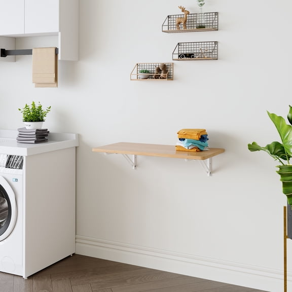 Wall Mounted Folding Table, Space Saving Drop Leaf Desk for Small Spaces, Multi-Purpose Floating Desk for Laundry Room, Kitchen, Home Office, Easy Install