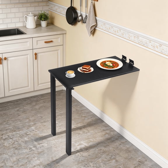 Wall Mounted Folding Table with Support Legs Folding Dining Table for Small Spaces, Kitchen Desk Table Space-Saving Wooden Desk for Kitchen Office (Black)