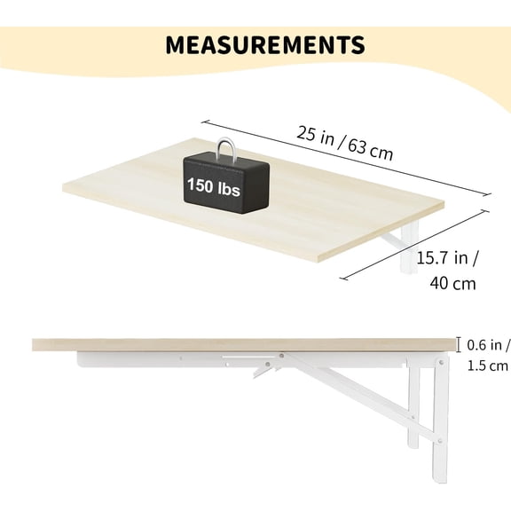 Wall Mounted Folding Table for Laundry Room Kitchen Bar, Space Saving Work Desk with Natural Wood Finish