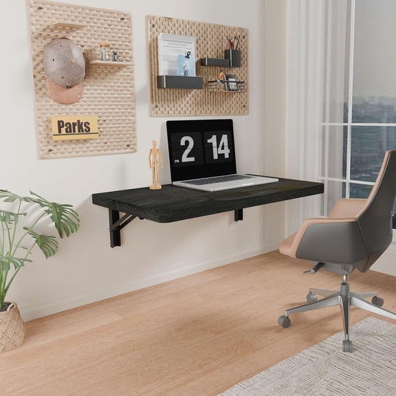 Wall Mounted Folding Table with Pine Wood 24 Inch x 14 Inch Floating Desk with Shelf Brackets Black