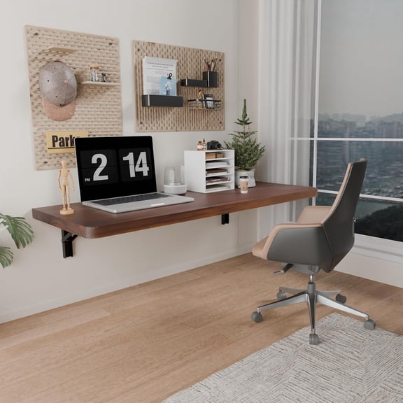 Wall Mounted Folding Table with Pine Wood 36 Inch x 14 Inch Floating Desk with Shelf Brackets Brown